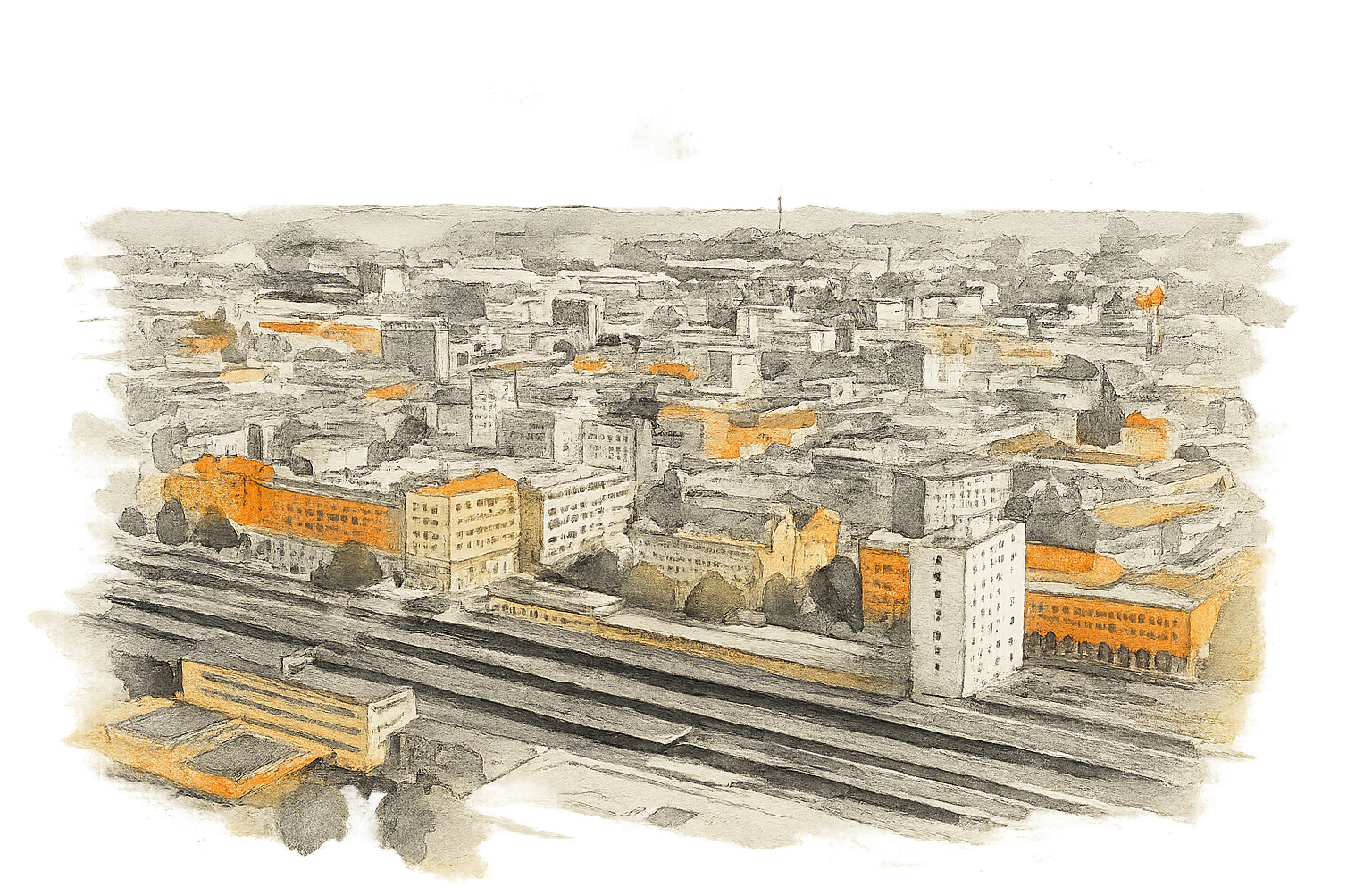 Essener Innenstadt Aquarell von Bahnhofsumgebung