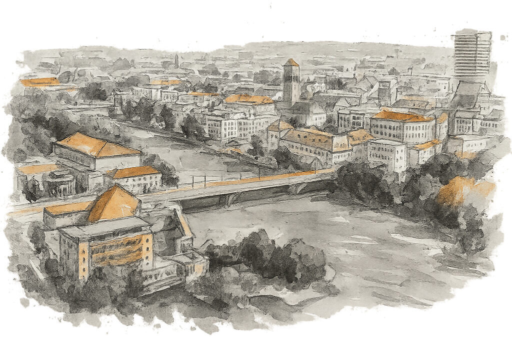 Aquarell der Mülheimer Stadtansicht mit Schlossbrücke