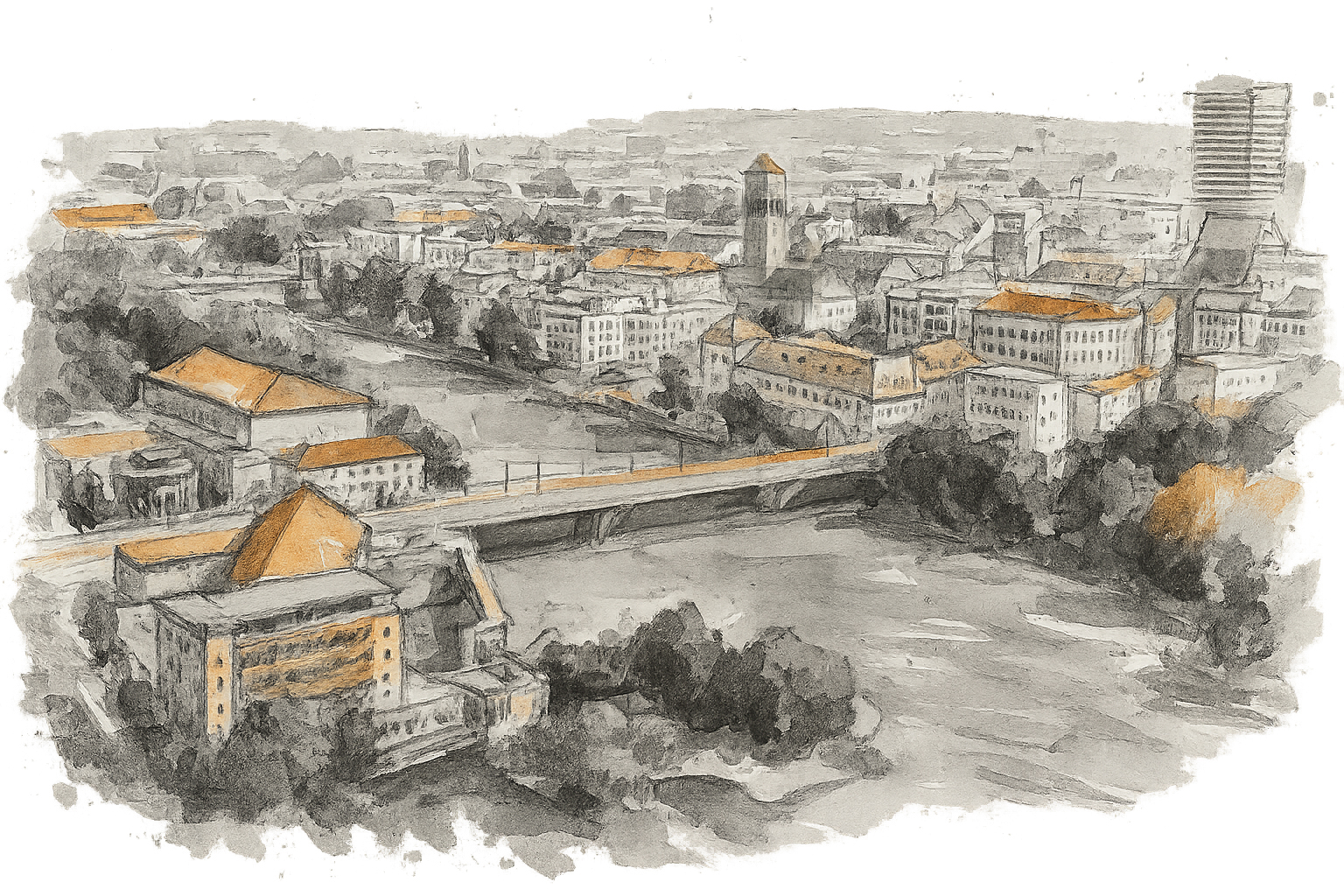 Stadtansicht Mülheim an der Ruhr, Aquarell