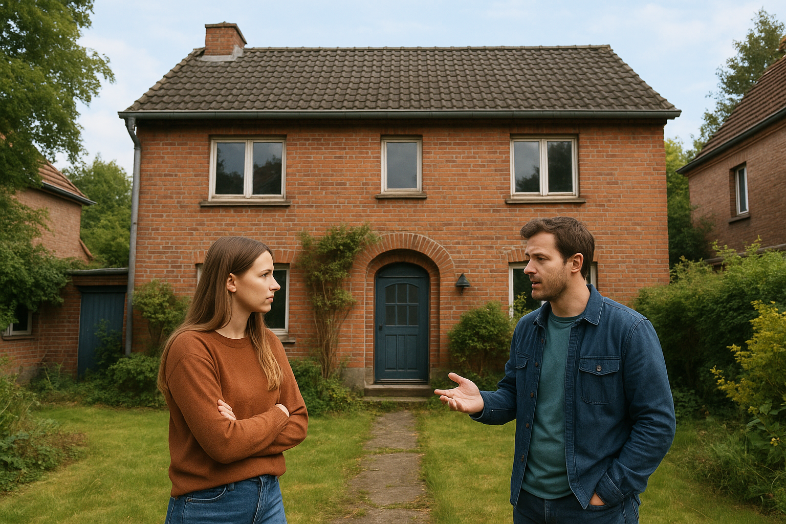 Geschwisterpaar vor dem geerbten Elternhaus